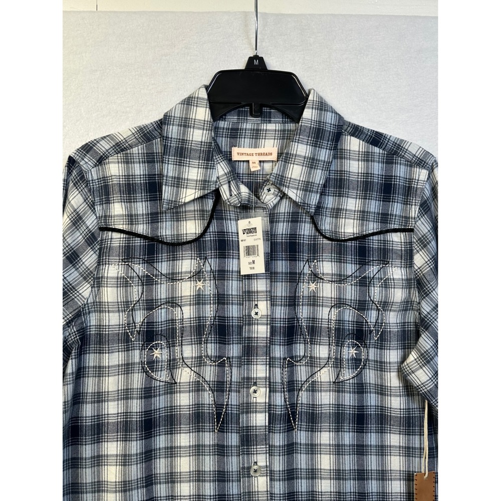 Vintage Threads Womens Western Plaid Star Embroidered Shirt Navy White M NEW